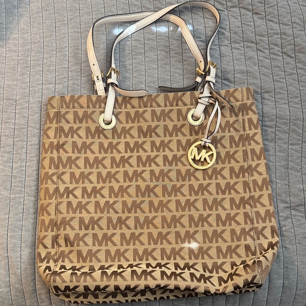 Michael Kors Beige Brown MK Logo Tote with Gold Charm